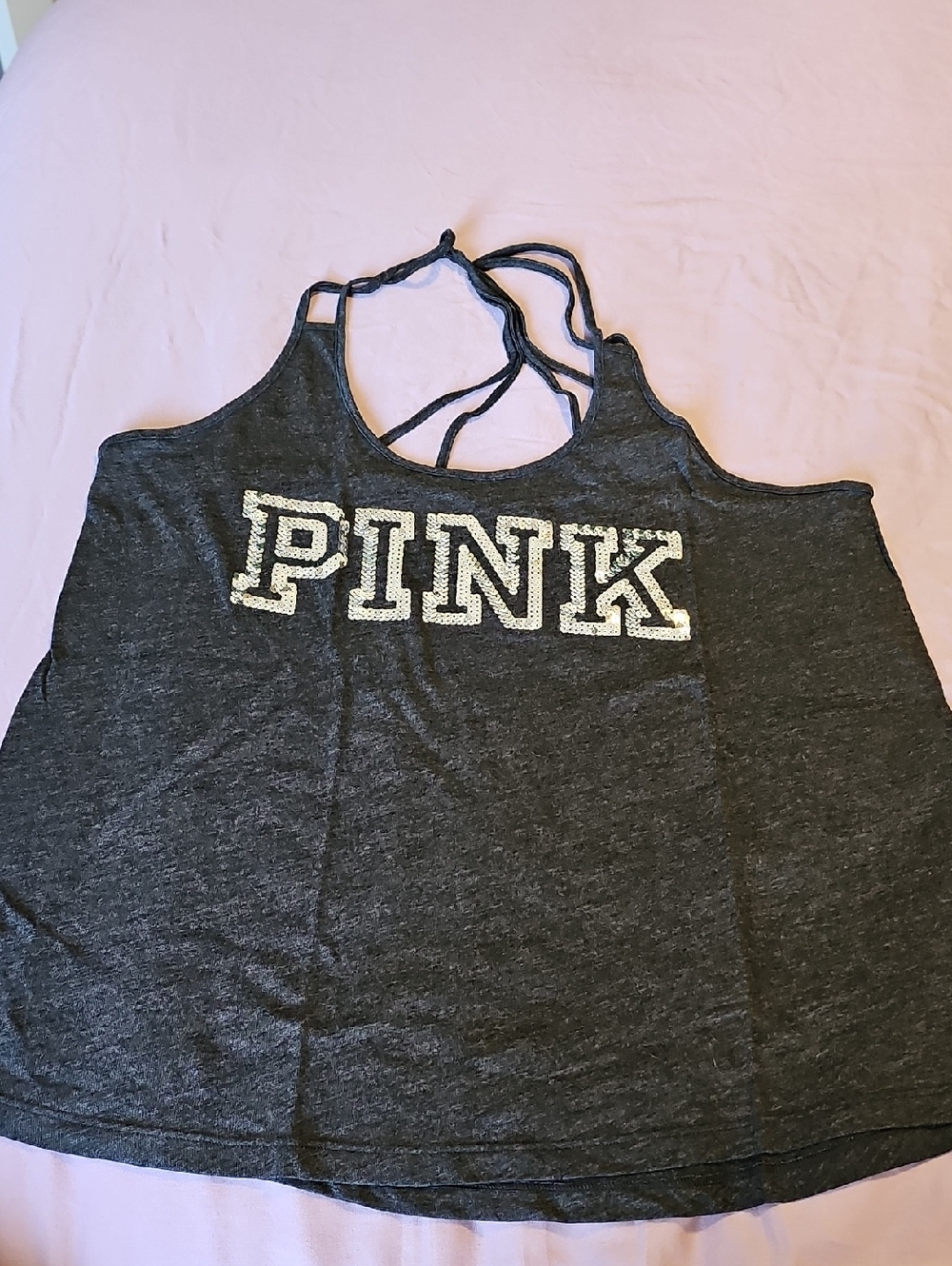 PINK Sequin Logo Charcoal Gray Tank
